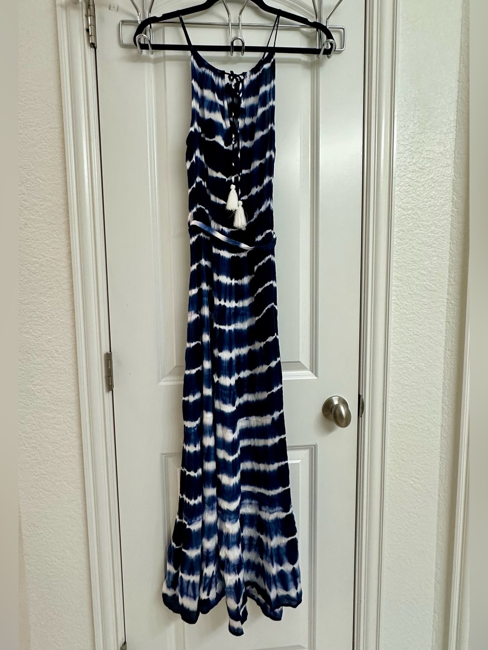 Navy & White Tie-Dye Maxi Dress with Tassel Detail